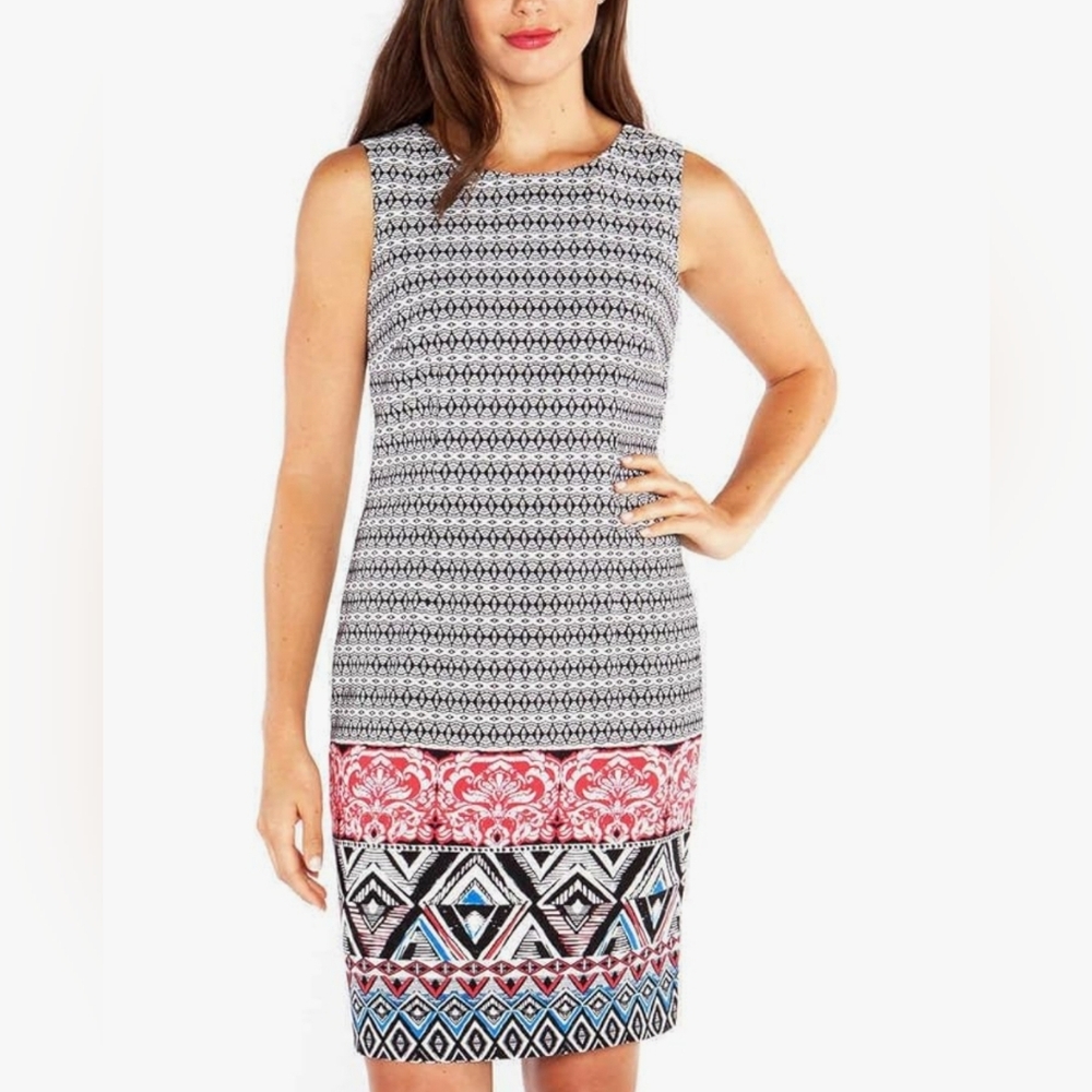 Mario Serrani Italy Sleeveless Patterned Shift Dress Black, White, Red, Size 6